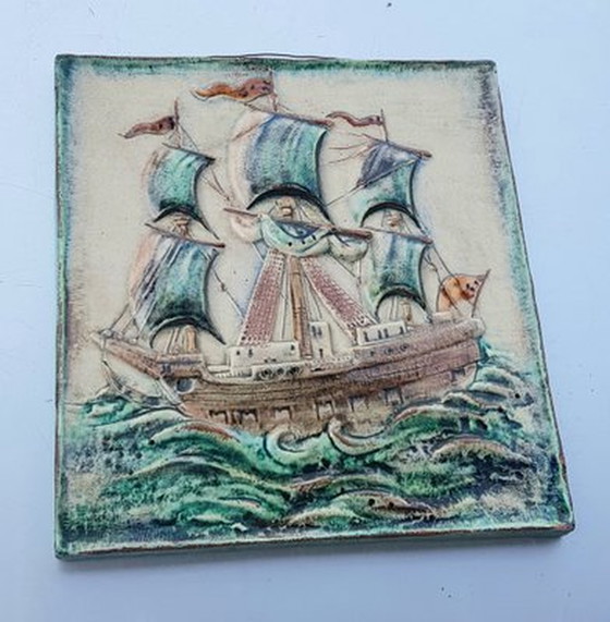 Image 1 of German Hand-Crafted Ceramic Wall Panel With Ship By Karlsruher Majolika, 1960S