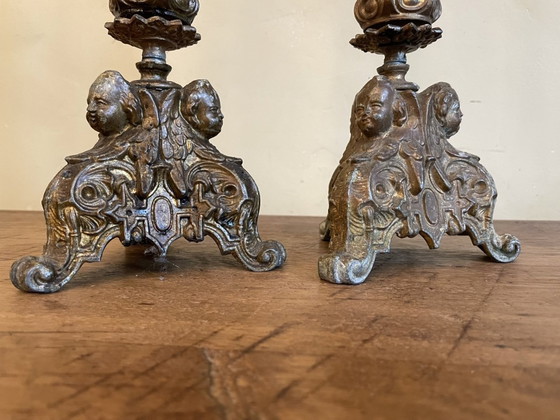 Image 1 of Set 2 X French Church Candlestick Antique