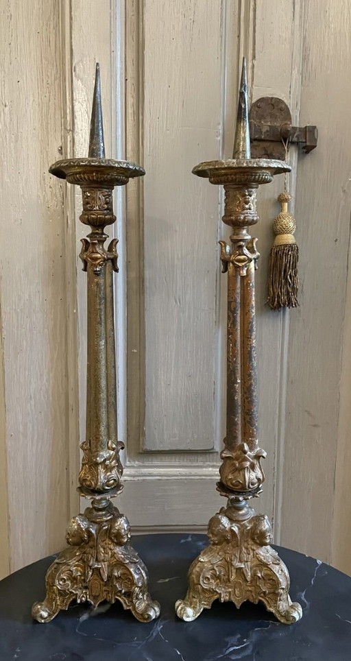 Set 2 X French Church Candlestick Antique