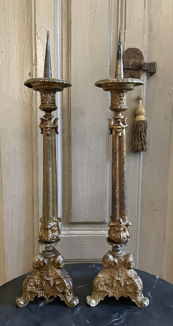 Image 1 of Set 2 X French Church Candlestick Antique