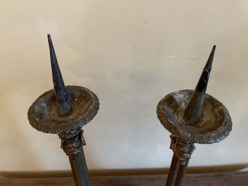 Set 2 X French Church Candlestick Antique