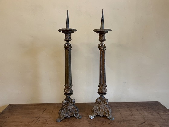 Image 1 of Set 2 X French Church Candlestick Antique