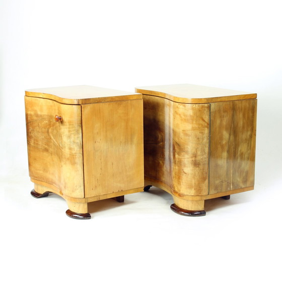 Image 1 of Set Of 2 Art Deco Bedside Tables In Walnut, Czechoslovakia 1940S