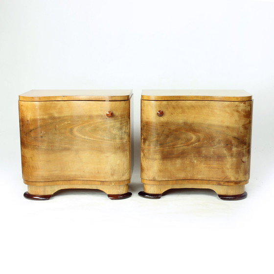 Image 1 of Set Of 2 Art Deco Bedside Tables In Walnut, Czechoslovakia 1940S