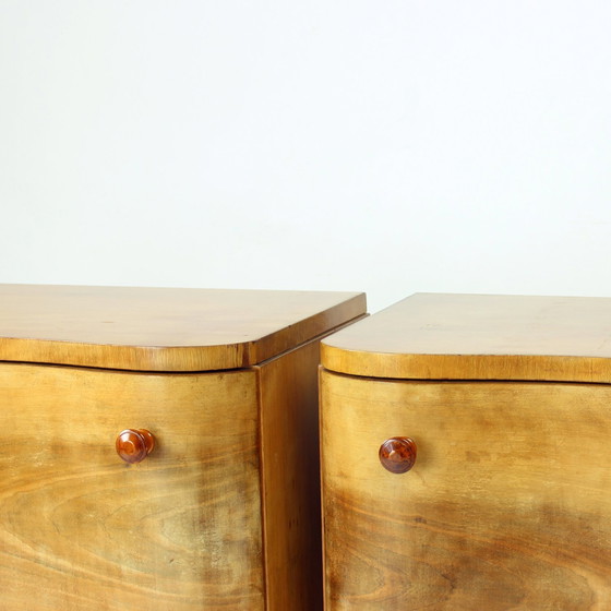 Image 1 of Set Of 2 Art Deco Bedside Tables In Walnut, Czechoslovakia 1940S