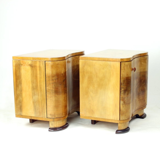 Image 1 of Set Of 2 Art Deco Bedside Tables In Walnut, Czechoslovakia 1940S