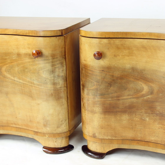 Image 1 of Set Of 2 Art Deco Bedside Tables In Walnut, Czechoslovakia 1940S