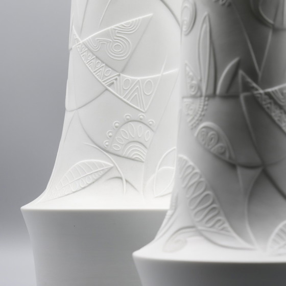 Image 1 of Cuno Fischer Vase Duo Hutschenreuther Bisque Porcelain Op Art Relief H 38cm+28cm