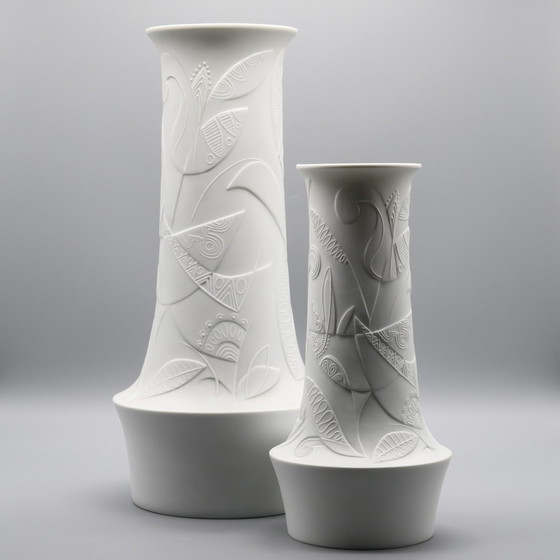 Image 1 of Cuno Fischer Vase Duo Hutschenreuther Bisque Porcelain Op Art Relief H 38cm+28cm