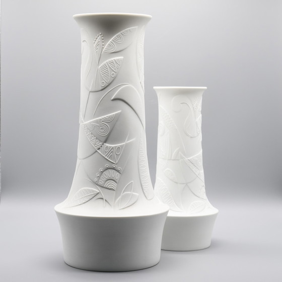 Image 1 of Cuno Fischer Vase Duo Hutschenreuther Bisque Porcelain Op Art Relief H 38cm+28cm