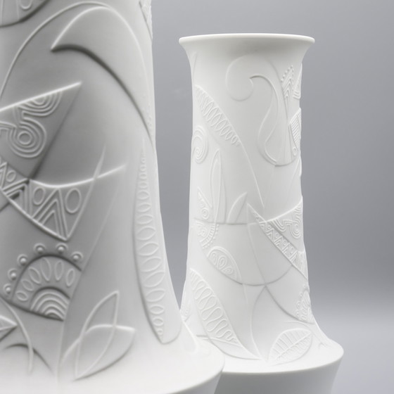 Image 1 of Cuno Fischer Vase Duo Hutschenreuther Bisque Porcelain Op Art Relief H 38cm+28cm