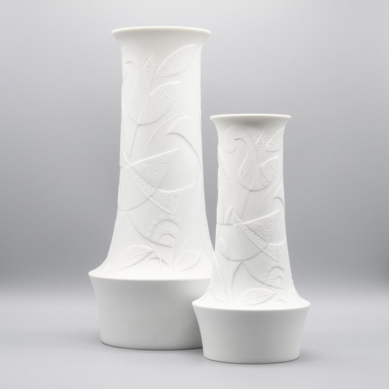 Image 1 of Cuno Fischer Vase Duo Hutschenreuther Bisque Porcelain Op Art Relief H 38cm+28cm