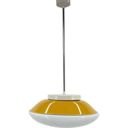 Mid-century Ufo milky glass and metal pendant lamp, Czechoslovakia 1970s