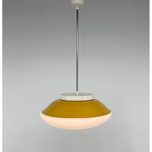 Mid-century Ufo milky glass and metal pendant lamp, Czechoslovakia 1970s
