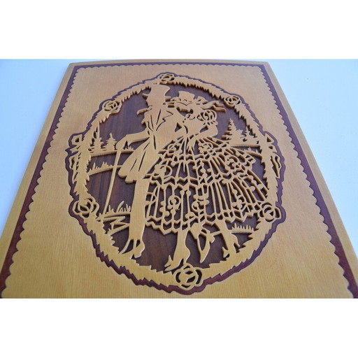 Vintage wood veneer painting, Czechoslovakia 1950