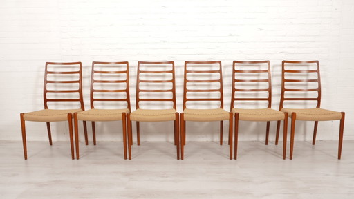 Set Of 6 Vintage Dining Chairs | Niels Otto Møller | Model 82 | Papercord | Teak | Restored