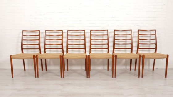 Image 1 of Set Of 6 Vintage Dining Chairs | Niels Otto Møller | Model 82 | Papercord | Teak | Restored
