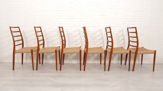 Image 1 of Set Of 6 Vintage Dining Chairs | Niels Otto Møller | Model 82 | Papercord | Teak | Restored