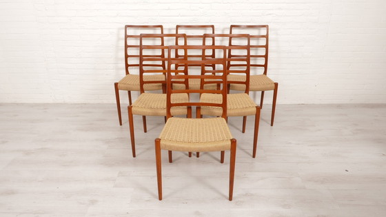 Image 1 of Set Of 6 Vintage Dining Chairs | Niels Otto Møller | Model 82 | Papercord | Teak | Restored