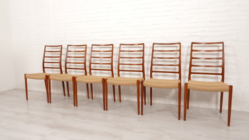 Set Of 6 Vintage Dining Chairs | Niels Otto Møller | Model 82 | Papercord | Teak | Restored