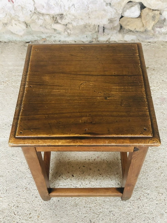Image 1 of Vintage Farmhouse Wood Stool With Footrest