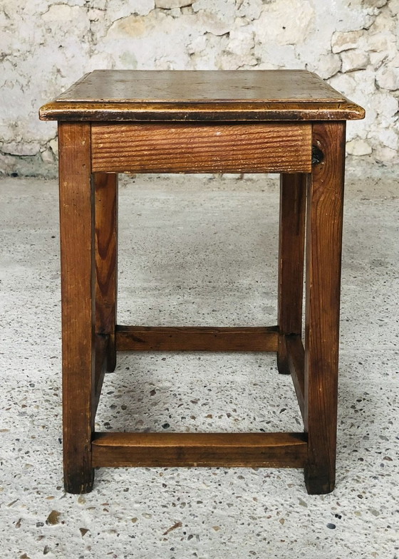 Image 1 of Vintage Farmhouse Wood Stool With Footrest