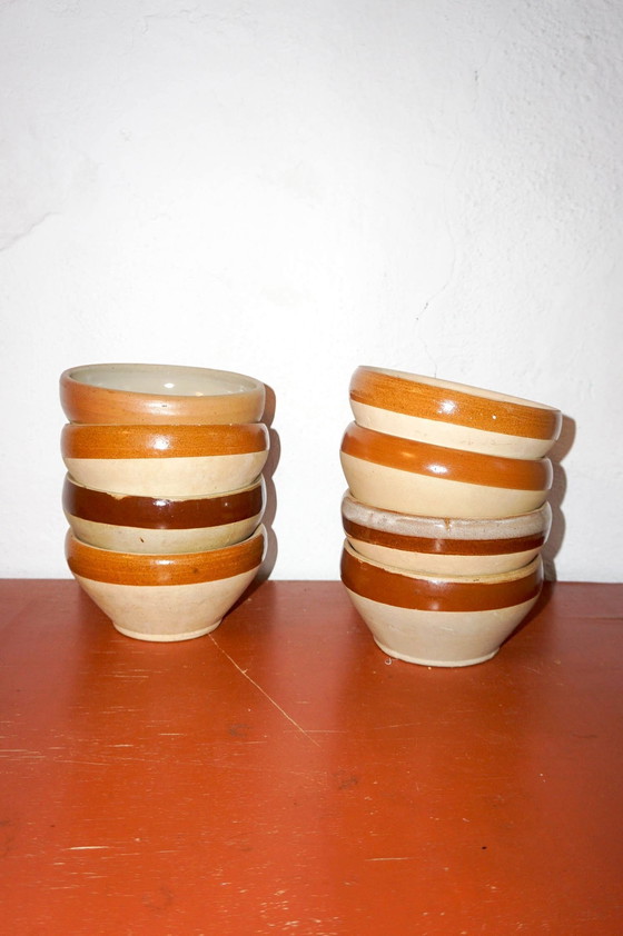 Image 1 of Big Beautiful Brown Striped Gres Bowls * Set Of 4 * Made In France * French * Cereal Soup Salad Bowls * Farmhouse 