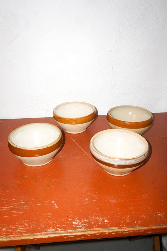 Image 1 of Big Beautiful Brown Striped Gres Bowls * Set Of 4 * Made In France * French * Cereal Soup Salad Bowls * Farmhouse 