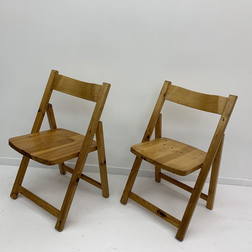 Set Of 2 Pine Wood Folding Chairs, 1970’S