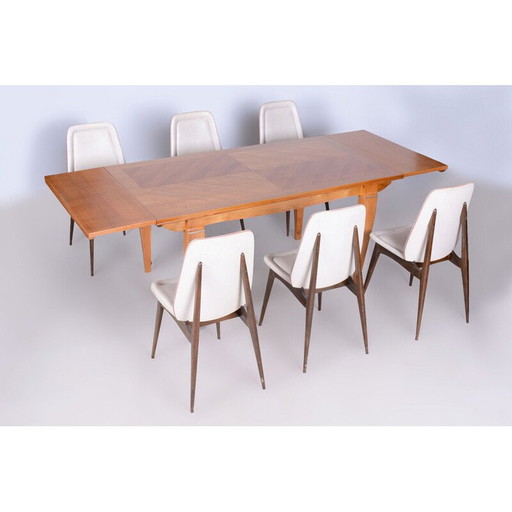 Vintage Art Deco dining set in oak and spruce by Jules Leleu, France 1920