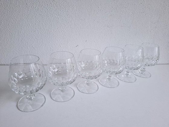 Image 1 of 6 Heavy Vintage Handmade Crystal Brandy / Cognac Glasses