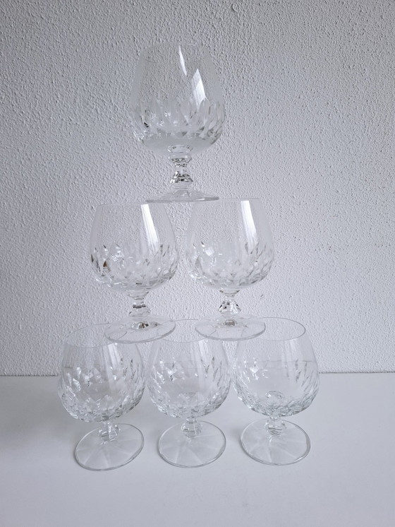 Image 1 of 6 Heavy Vintage Handmade Crystal Brandy / Cognac Glasses