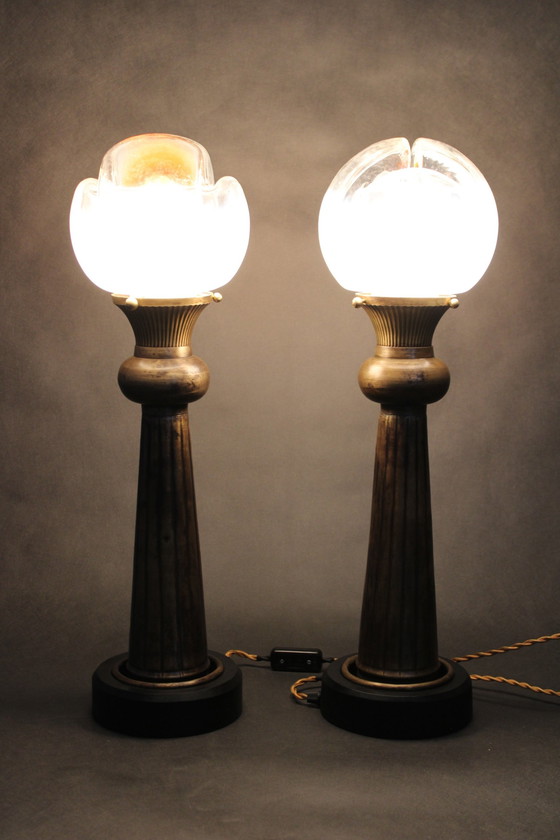 Image 1 of 1940S Pair Of Italian Restored Brass Table Lamps With Glass Shades