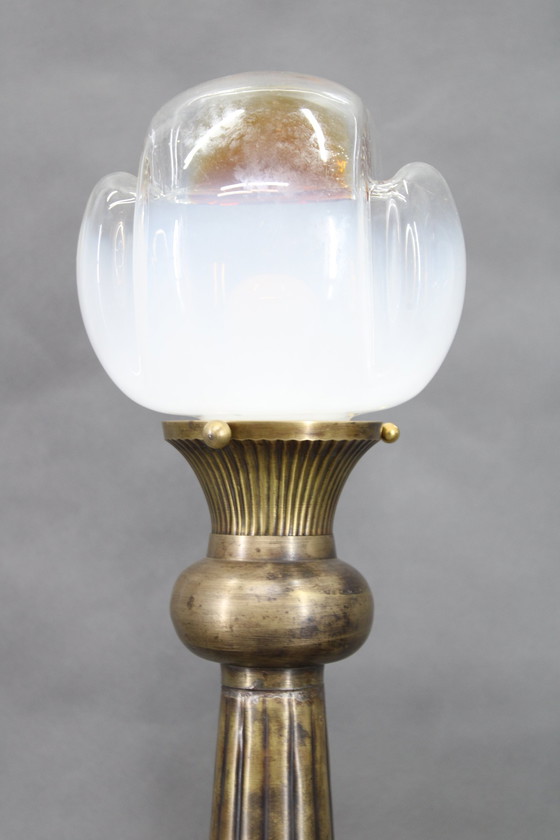 Image 1 of 1940S Pair Of Italian Restored Brass Table Lamps With Glass Shades