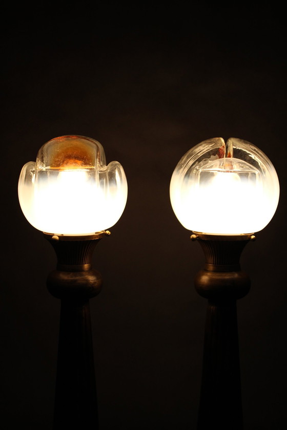 Image 1 of 1940S Pair Of Italian Restored Brass Table Lamps With Glass Shades