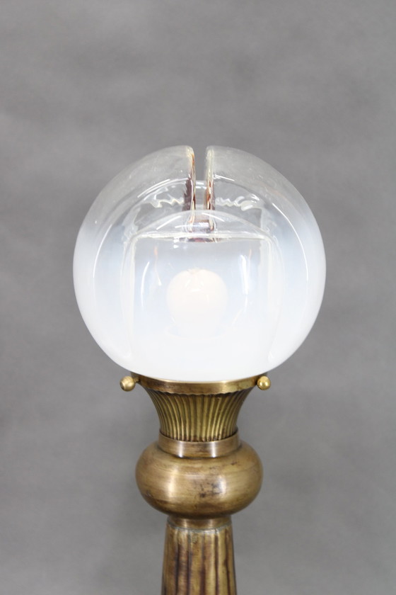 Image 1 of 1940S Pair Of Italian Restored Brass Table Lamps With Glass Shades