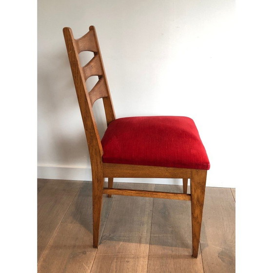 Image 1 of Set of 6 vintage chairs in oak and red velvet, France 1940s