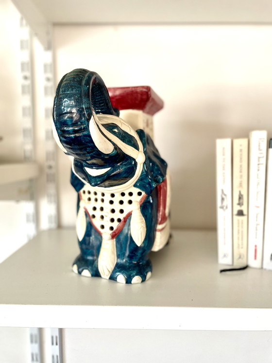 Image 1 of Blue And Red Ceramic Elephant Plant Stand