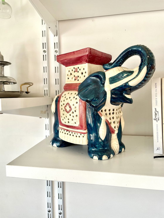 Image 1 of Blue And Red Ceramic Elephant Plant Stand