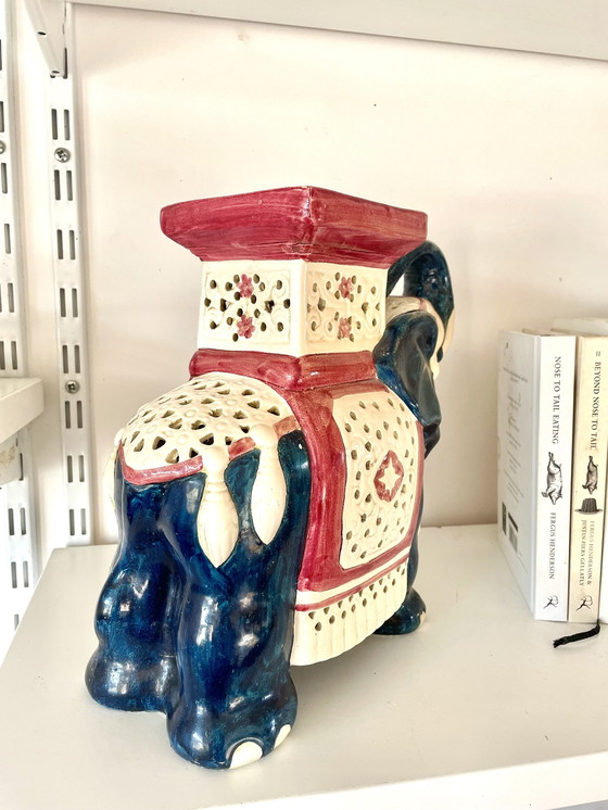 Image 1 of Blue And Red Ceramic Elephant Plant Stand