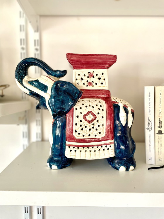 Image 1 of Blue And Red Ceramic Elephant Plant Stand