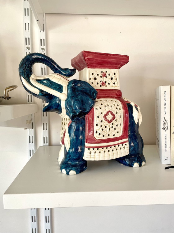 Image 1 of Blue And Red Ceramic Elephant Plant Stand