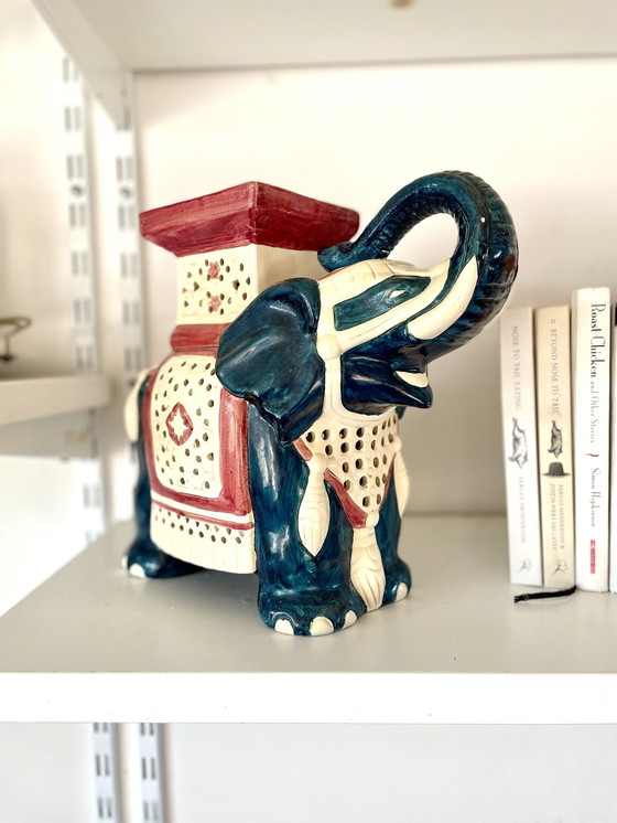 Image 1 of Blue And Red Ceramic Elephant Plant Stand