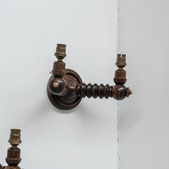 Image 1 of Pair of vintage wooden wall lamp, France 1950