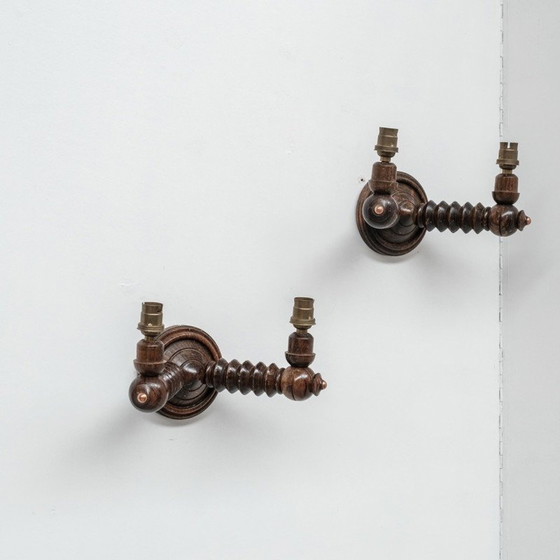 Image 1 of Pair of vintage wooden wall lamp, France 1950