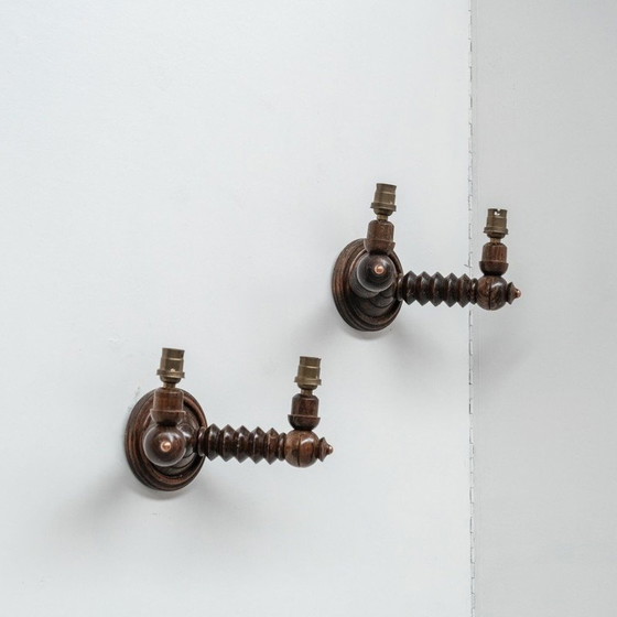 Image 1 of Pair of vintage wooden wall lamp, France 1950