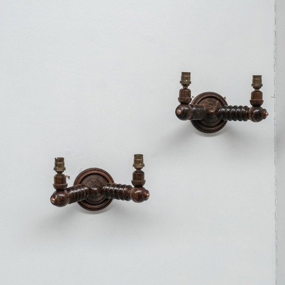 Image 1 of Pair of vintage wooden wall lamp, France 1950
