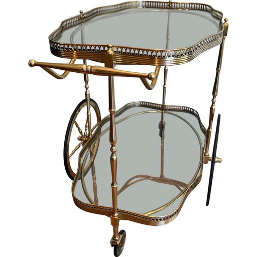 Vintage double-top oval brass table on wheels, 1940