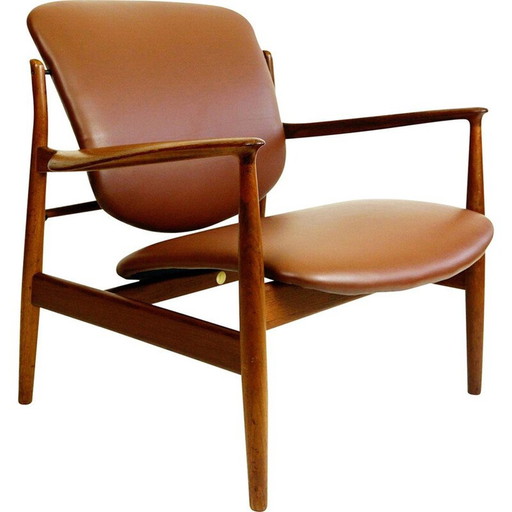 Danish vintage teak and brown leather armchair by Finn Juhl for France and Son
