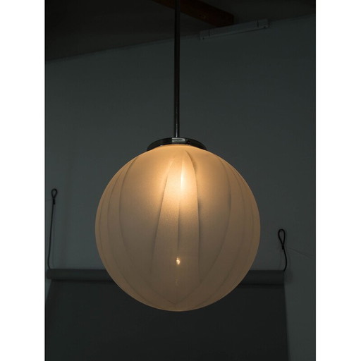 Vintage Art Deco pendant lamp in glass and nickel, 1930s